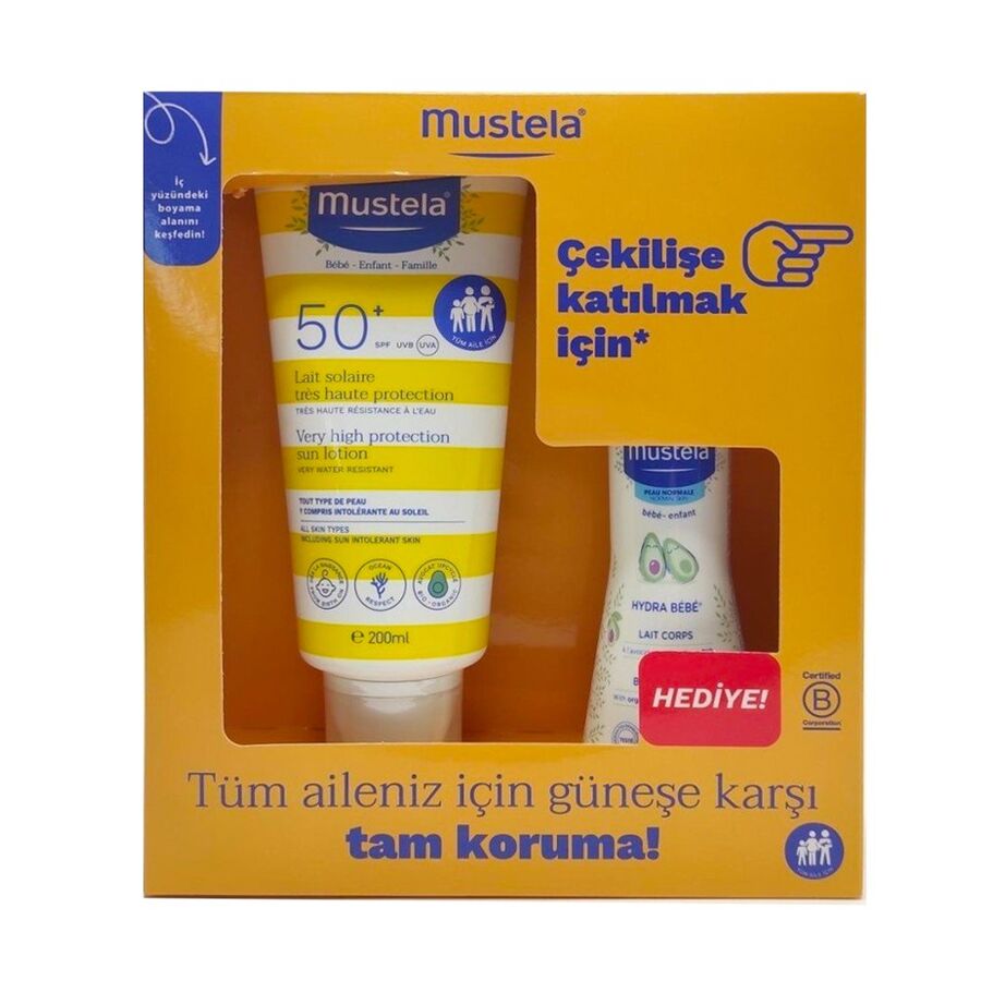 Mustela Набор солнцезащитное молочко SPF 50+, 200 мл. в подарок 100 мл.увлажняющий лосьон для тела.
