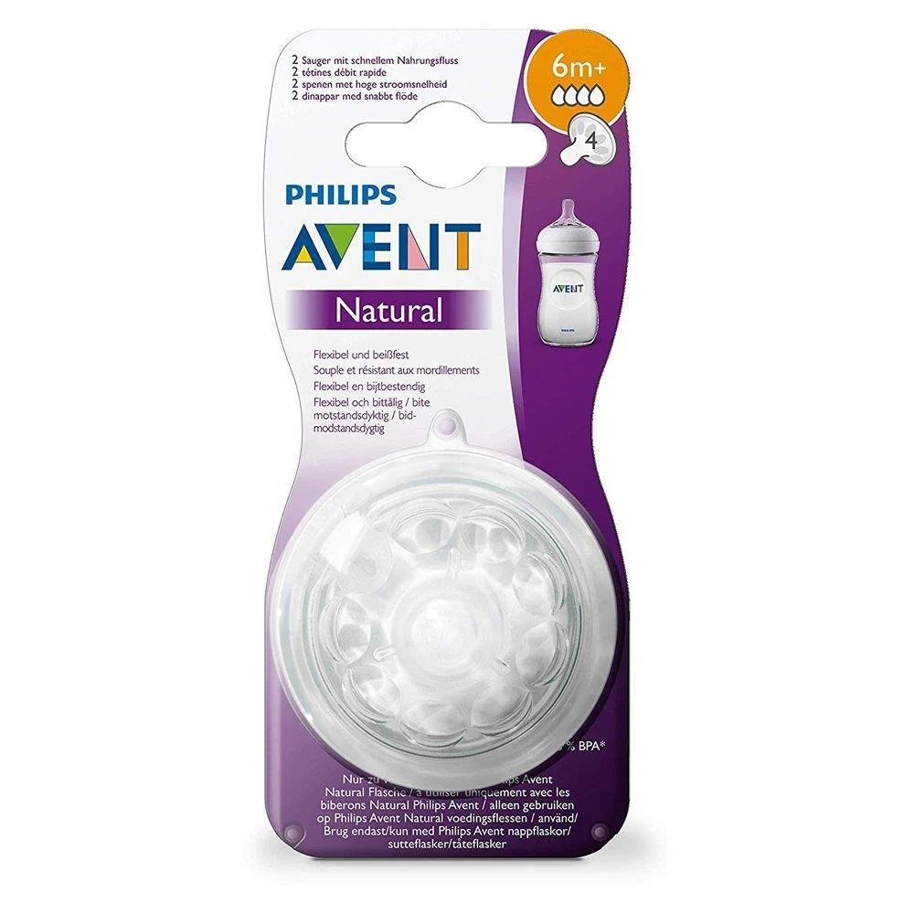 Philips Avent SCF044/27 Соска для бутылочек Natural Fast Flow, 4 отверстия, 6 месяцев, 2 шт. в упаковке